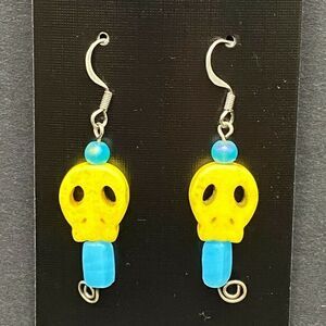 Handmade Yellow Skull & Aqua Blue Glass Bead Earrings by Neanie-Bot